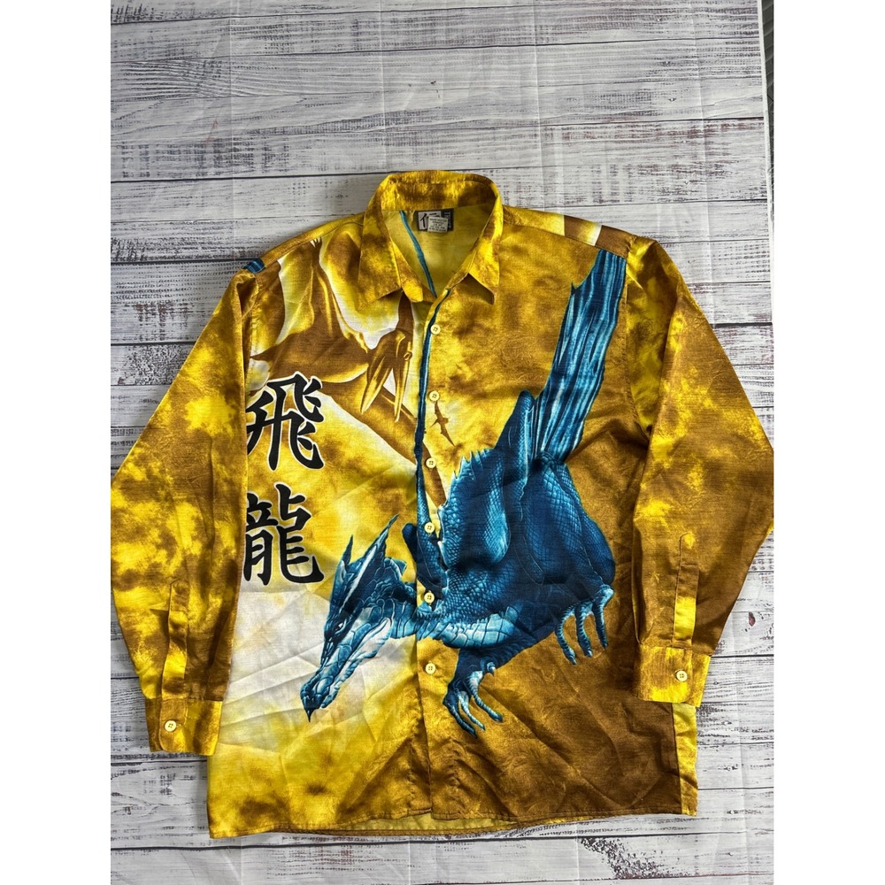 Vintage Trust Dragon Pterodactyl Graphic‎ Shirt Mens Medium Yellow Long Sleeve